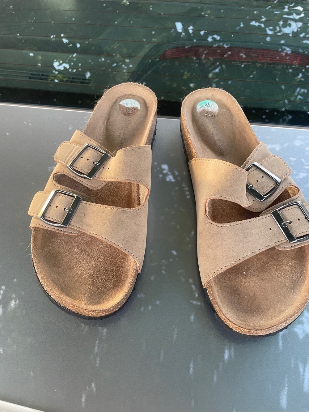 Women’s Double-Buckle Slide Sandals in Tan